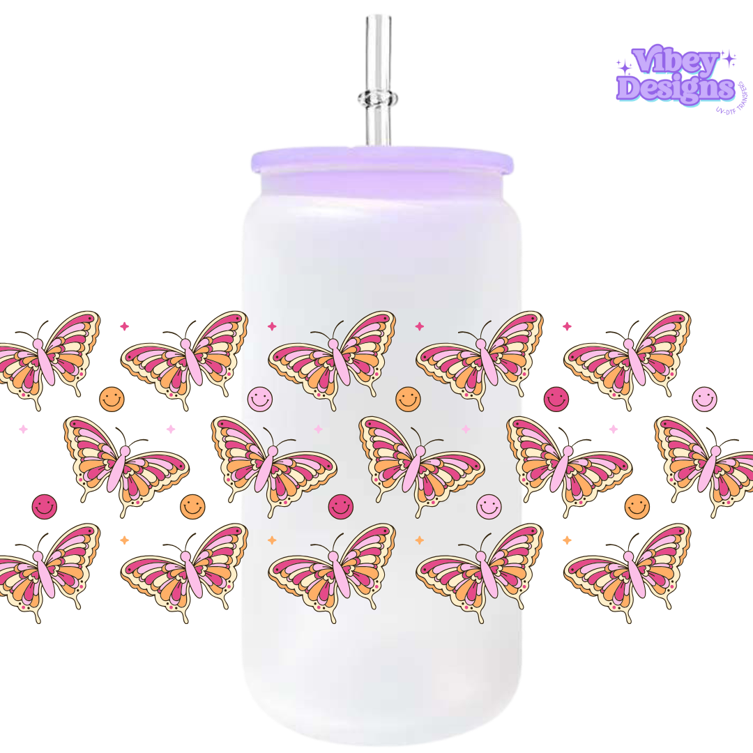 Uv Dtf Wrap For 16oz Libbey Glass - Smiley Butterflies pink