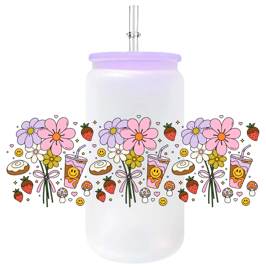 Uv Dtf Wrap For 16oz Libbey Glass - Retro Coffee & Flowers
