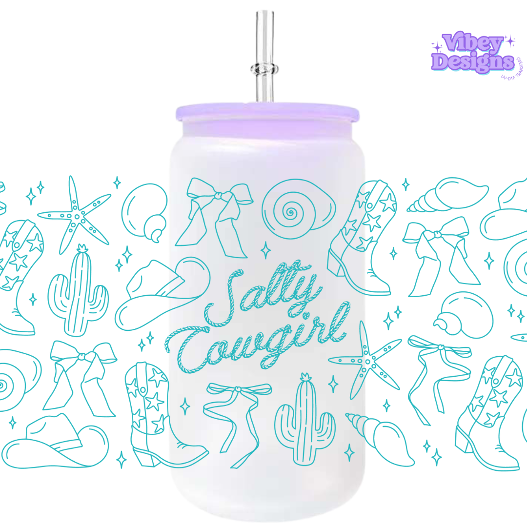 Uv Dtf Wrap For 16oz Libbey Glass - Salty Cowgirl Blue