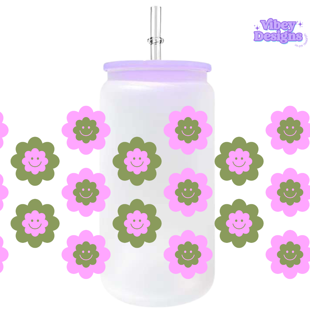Uv Dtf Wrap For 16oz Libbey Glass - Smiley Flowers Green