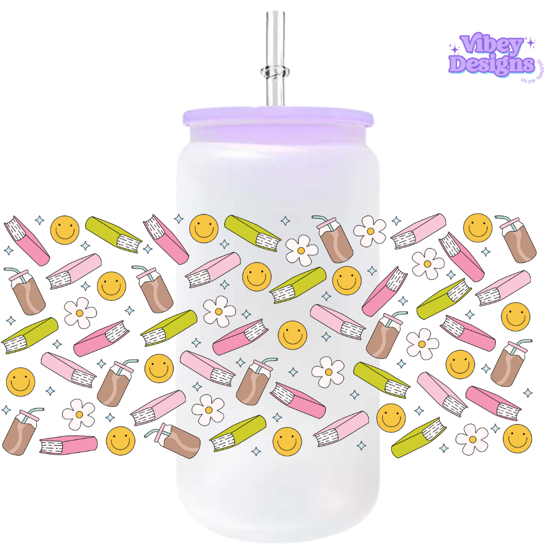 Uv Dtf Wrap For 16oz Libbey Glass - Smiley Book Lover