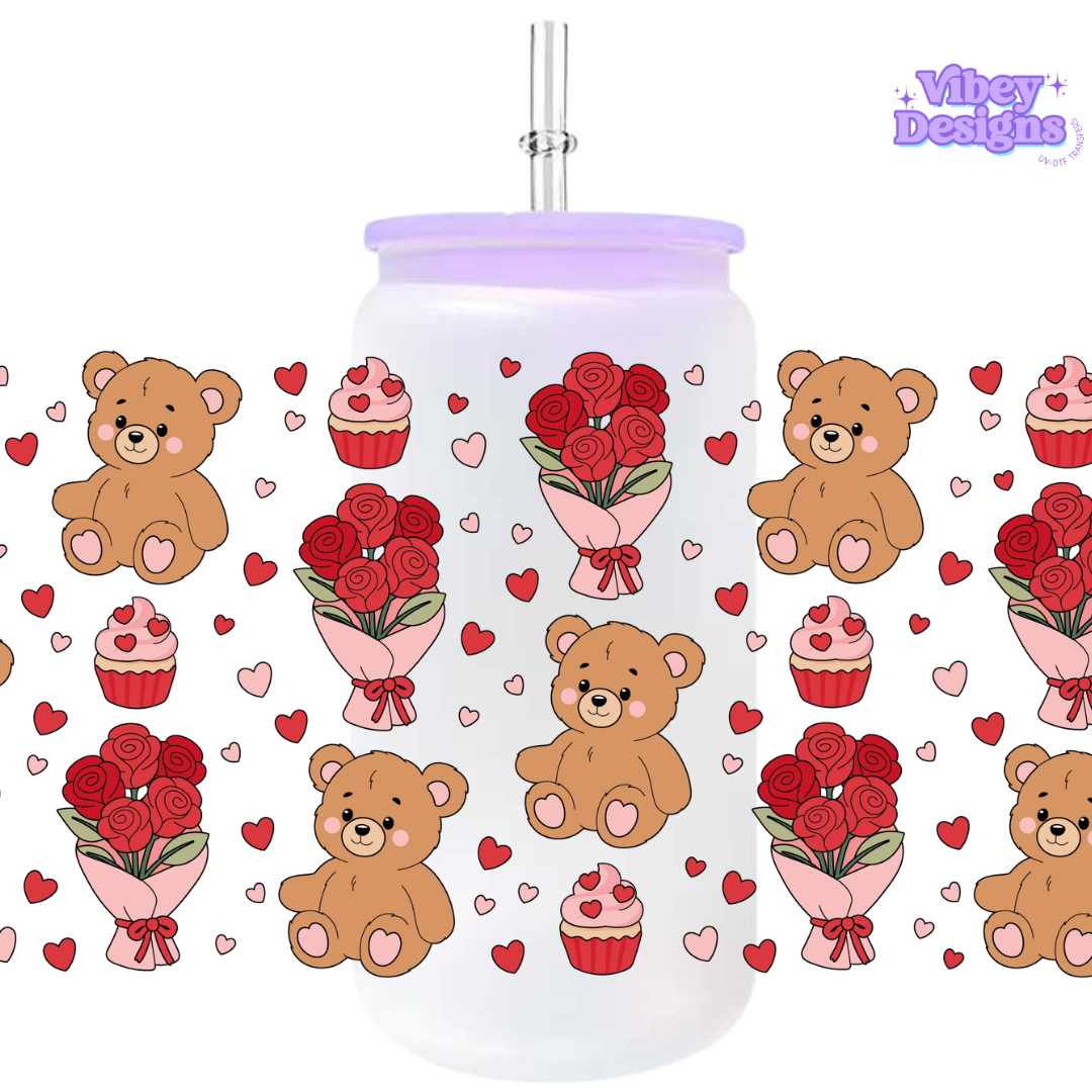Uv Dtf Wrap For 16oz Libbey Glass - #VAL45 Teddy and Roses
