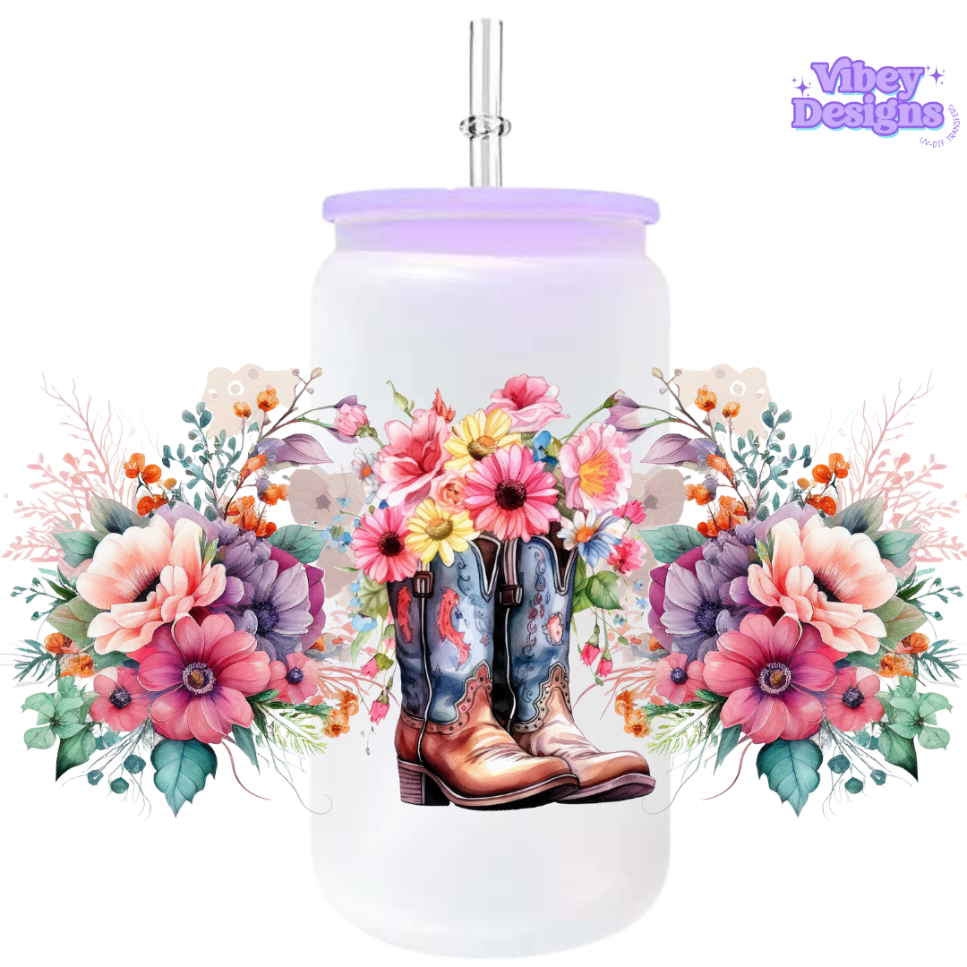 Uv Dtf Wrap For 16oz Libbey Glass - Boots & Flowers