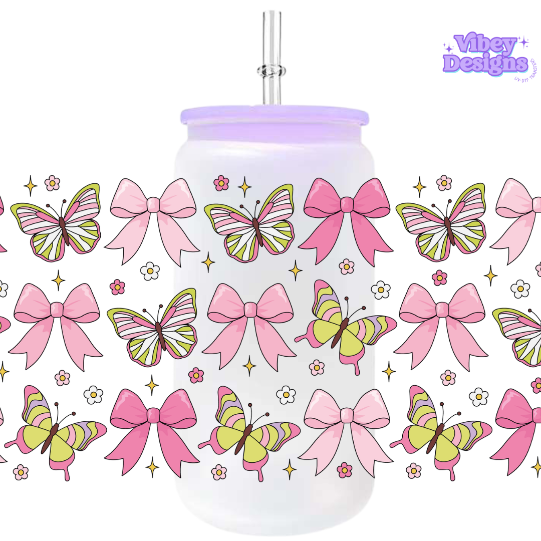 Uv Dtf Wrap For 16oz Libbey Glass - #F193 Butterflies and Bows