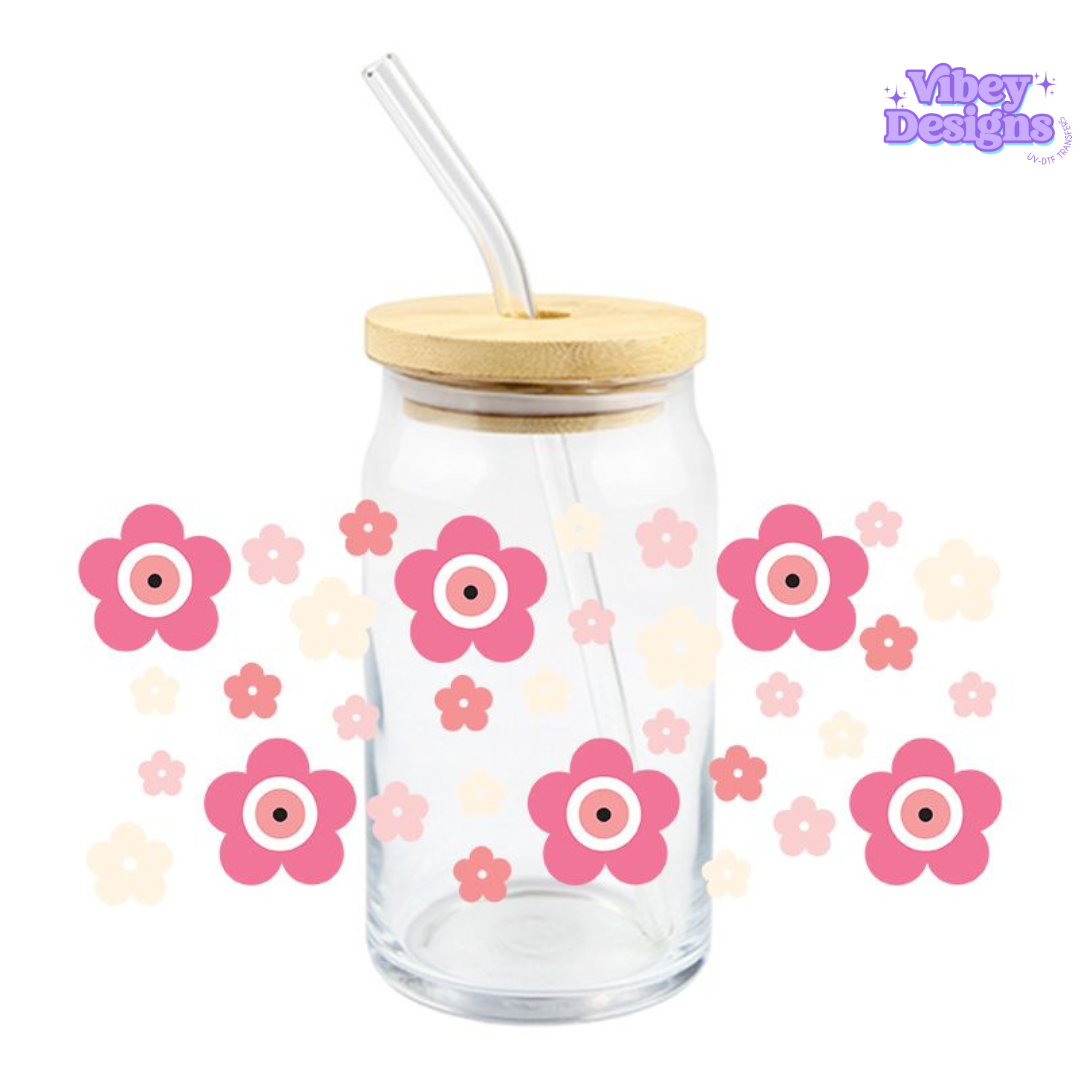 Uv Dtf Wrap For 16oz Libbey Glass - Pink Evil Eye Flower