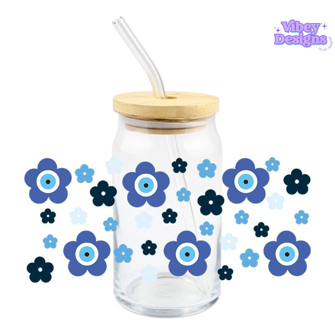 Uv Dtf Wrap For 16oz Libbey Glass - Blue Evil Eye Flower