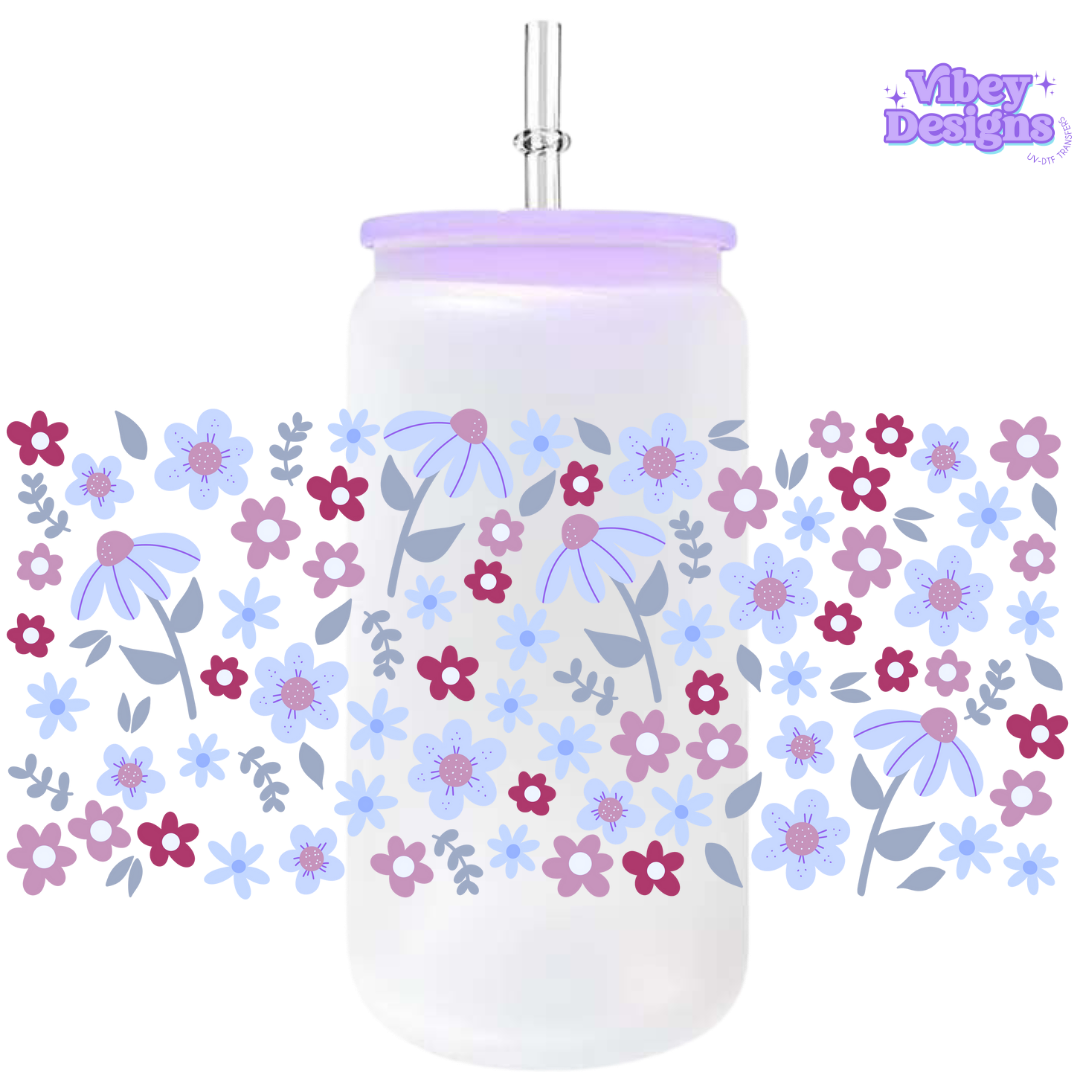Uv Dtf Wrap For 16oz Libbey Glass - Blue Flowerpattern