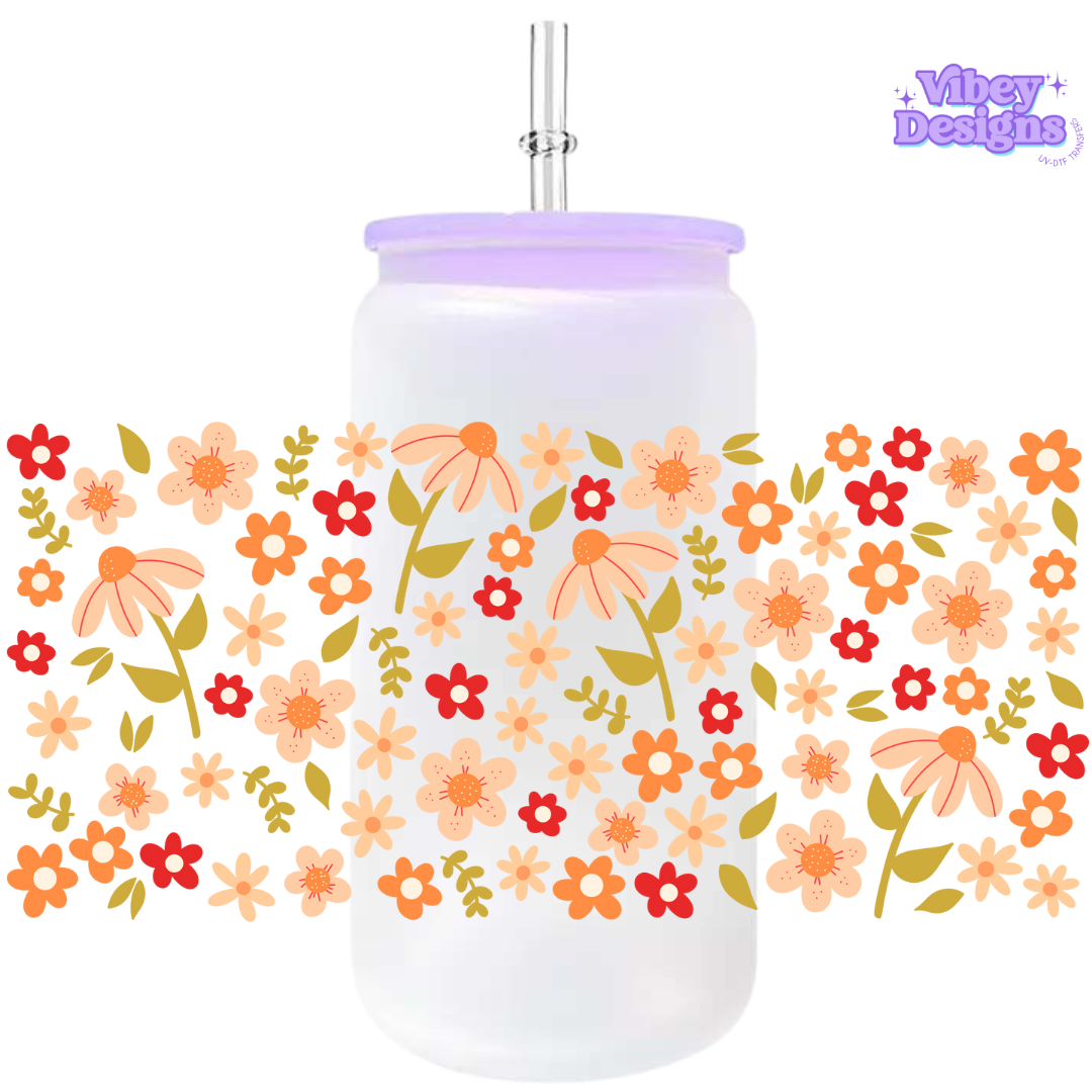 Uv Dtf Wrap For 16oz Libbey Glass - Orange Flowerpattern