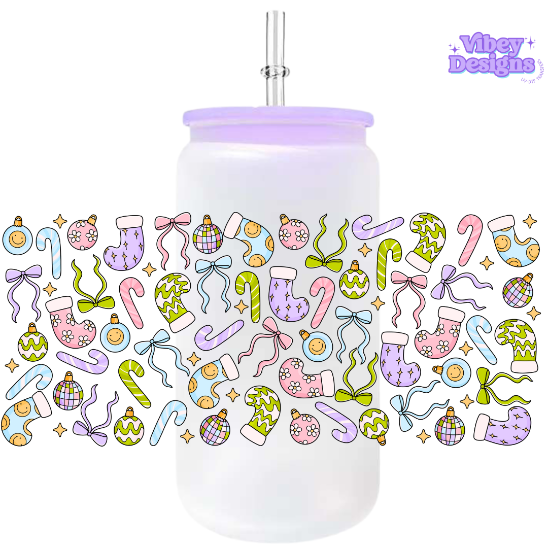Uv Dtf Wrap For 16oz Libbey Glass - Pastel Christmas Pattern