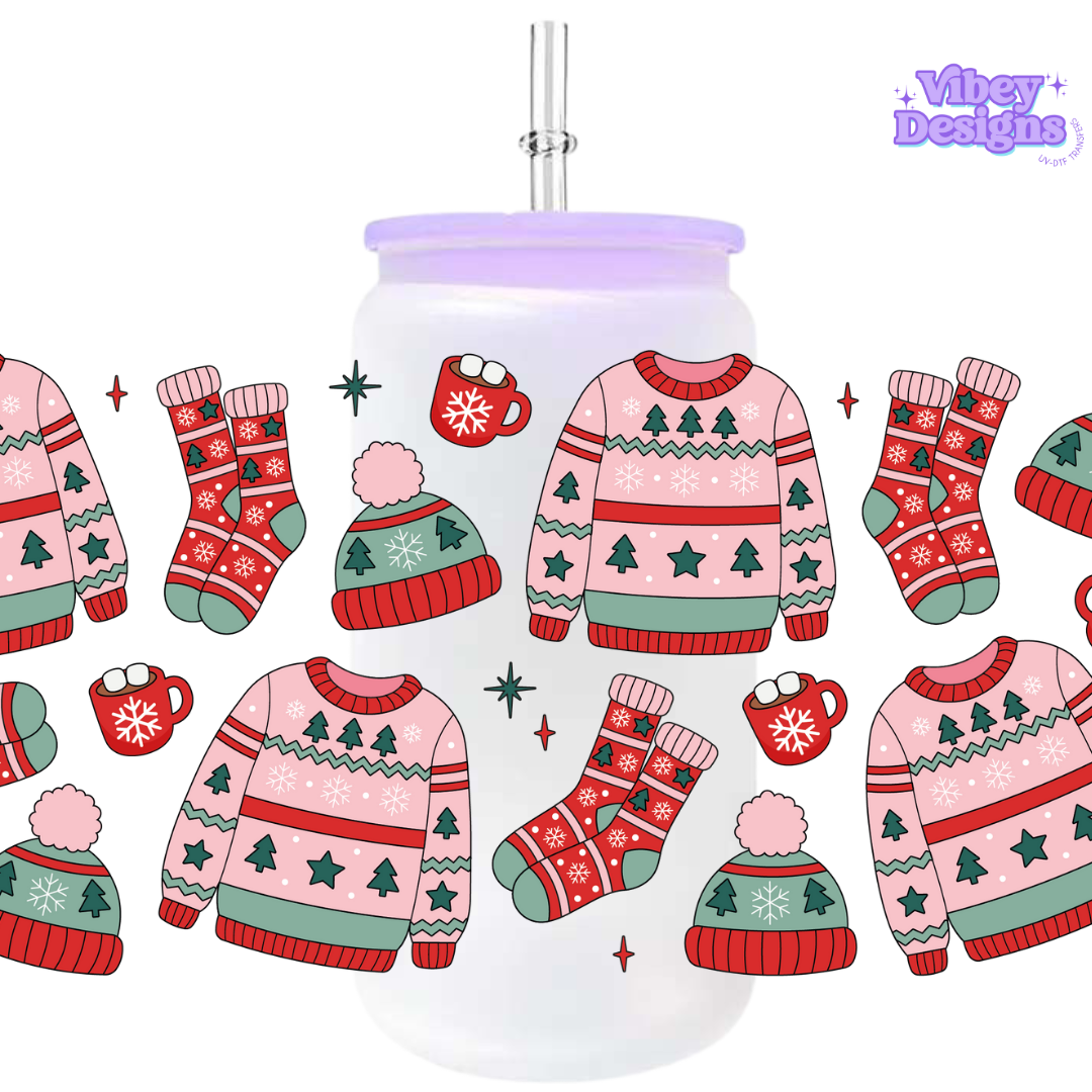 Uv Dtf Wrap For 16oz Libbey Glass - Xmas Sweater