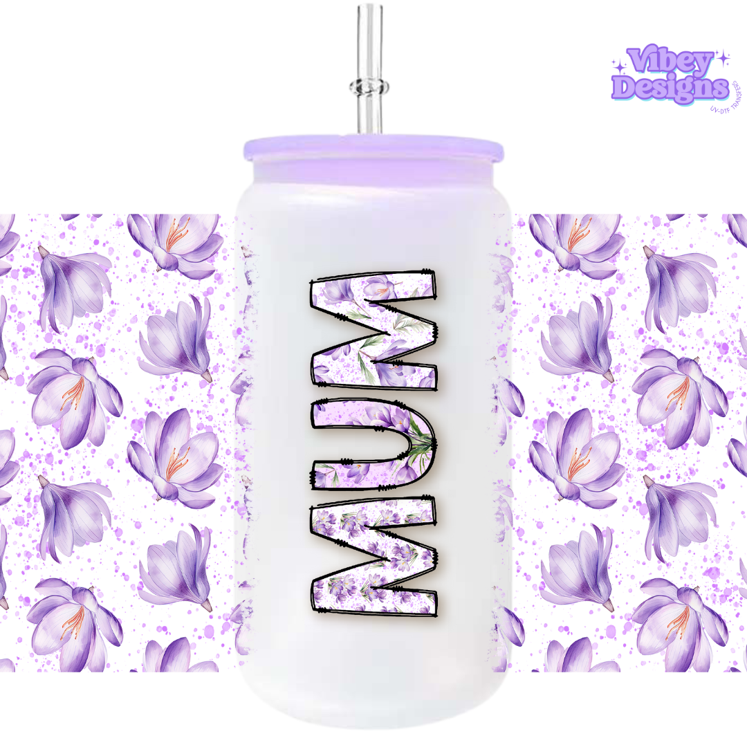 Uv Dtf Wrap For 16oz Libbey Glass - Mama Purple Flowers