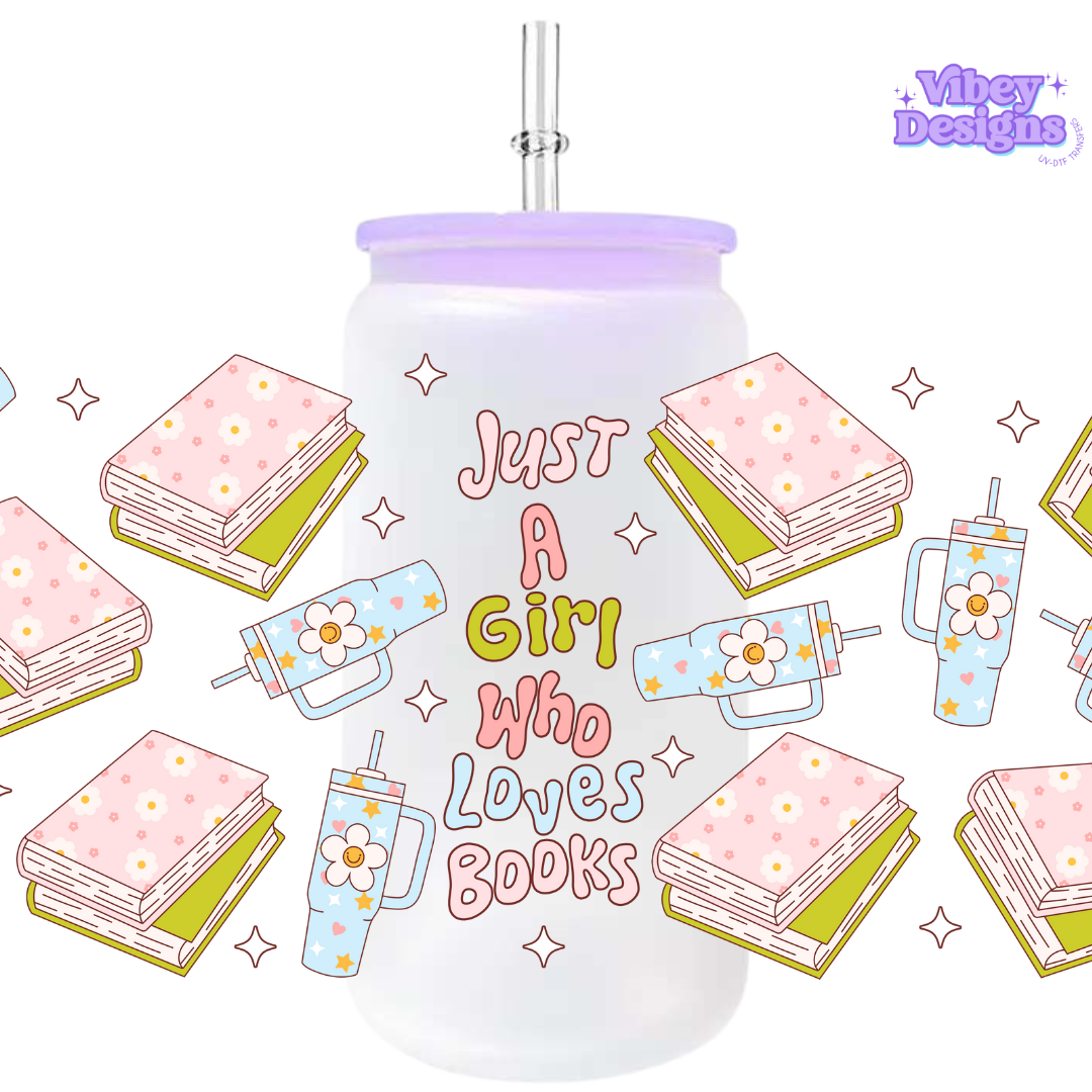Uv Dtf Wrap For 16oz Libbey Glass - Pastel Just A Girl Who Loves Books