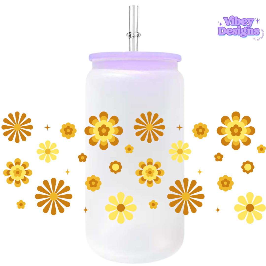 Uv Dtf Wrap For 16oz Libbey Glass - Retro Flowers Yellow
