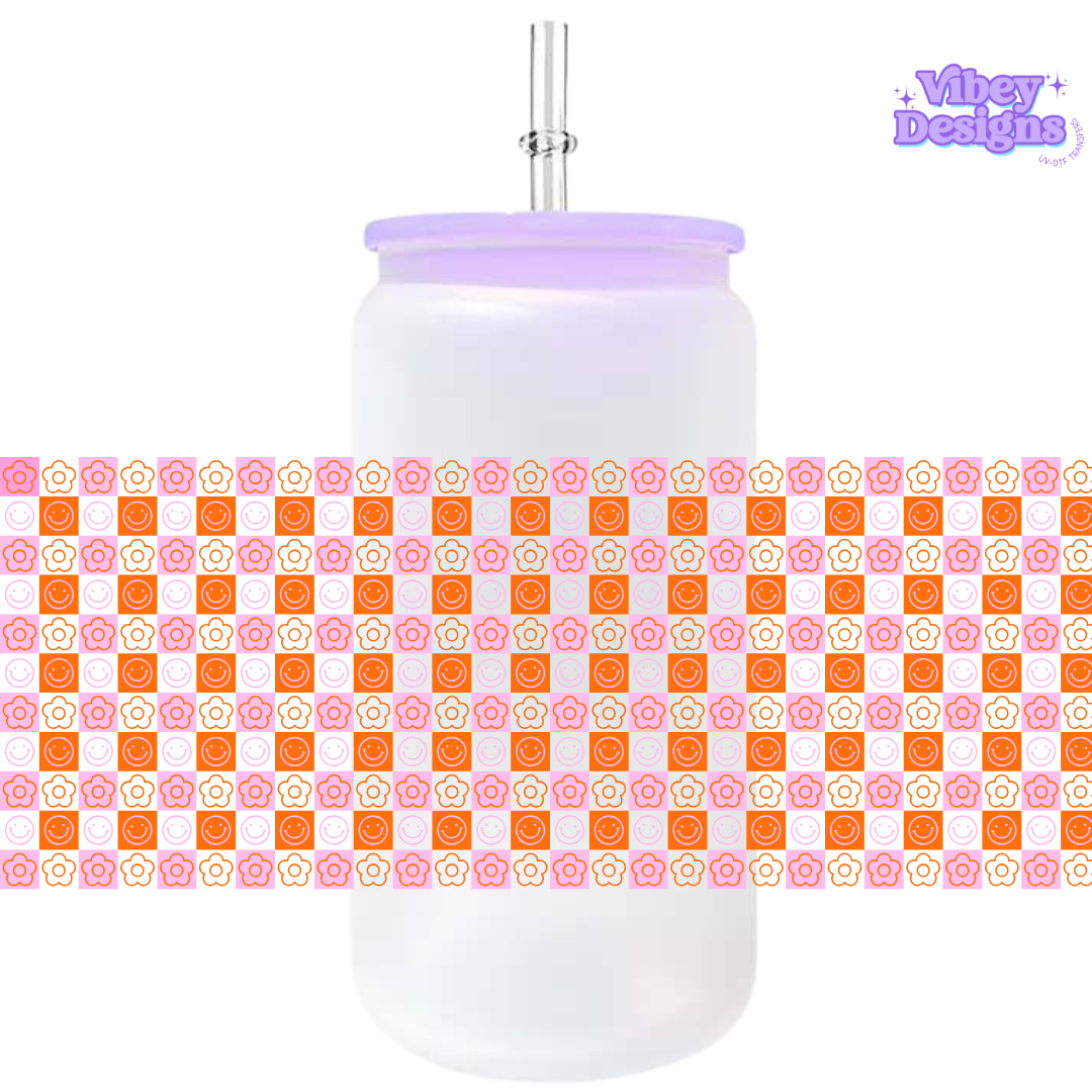 Uv Dtf Wrap For 16oz Libbey Glass - Smiley Check Pink