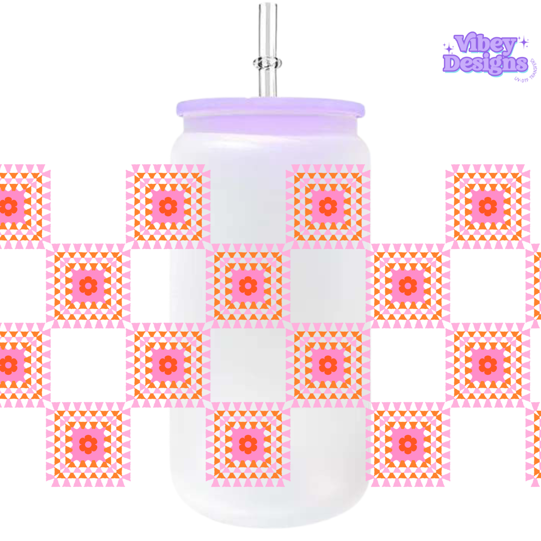 Uv Dtf Wrap For 16oz Libbey Glass - Crochet Squares Orange