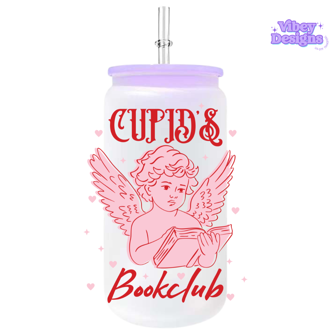Cupids Bookclub UV DTF Wrap on a 16oz glass – Waterproof, no weeding, vibrant colors for book lovers.
