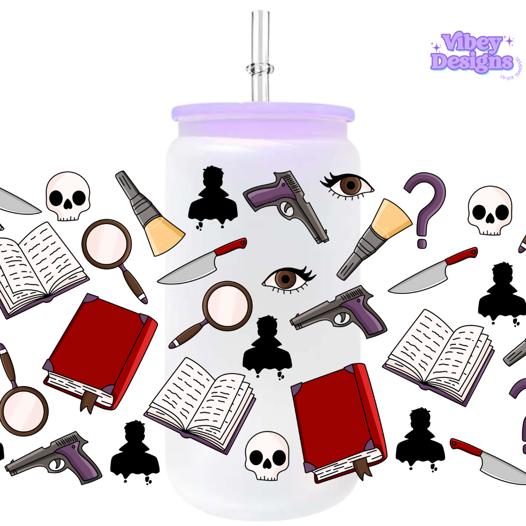 Mystery & suspense-themed UV DTF Wrap – Perfect for thriller lovers on 16oz glass.