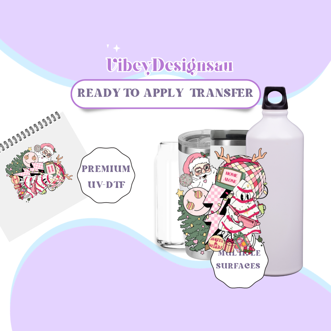 RTS UV-DTF Transfer for Bottle, Glass, Mug, Diary - Retro Pink Christmas