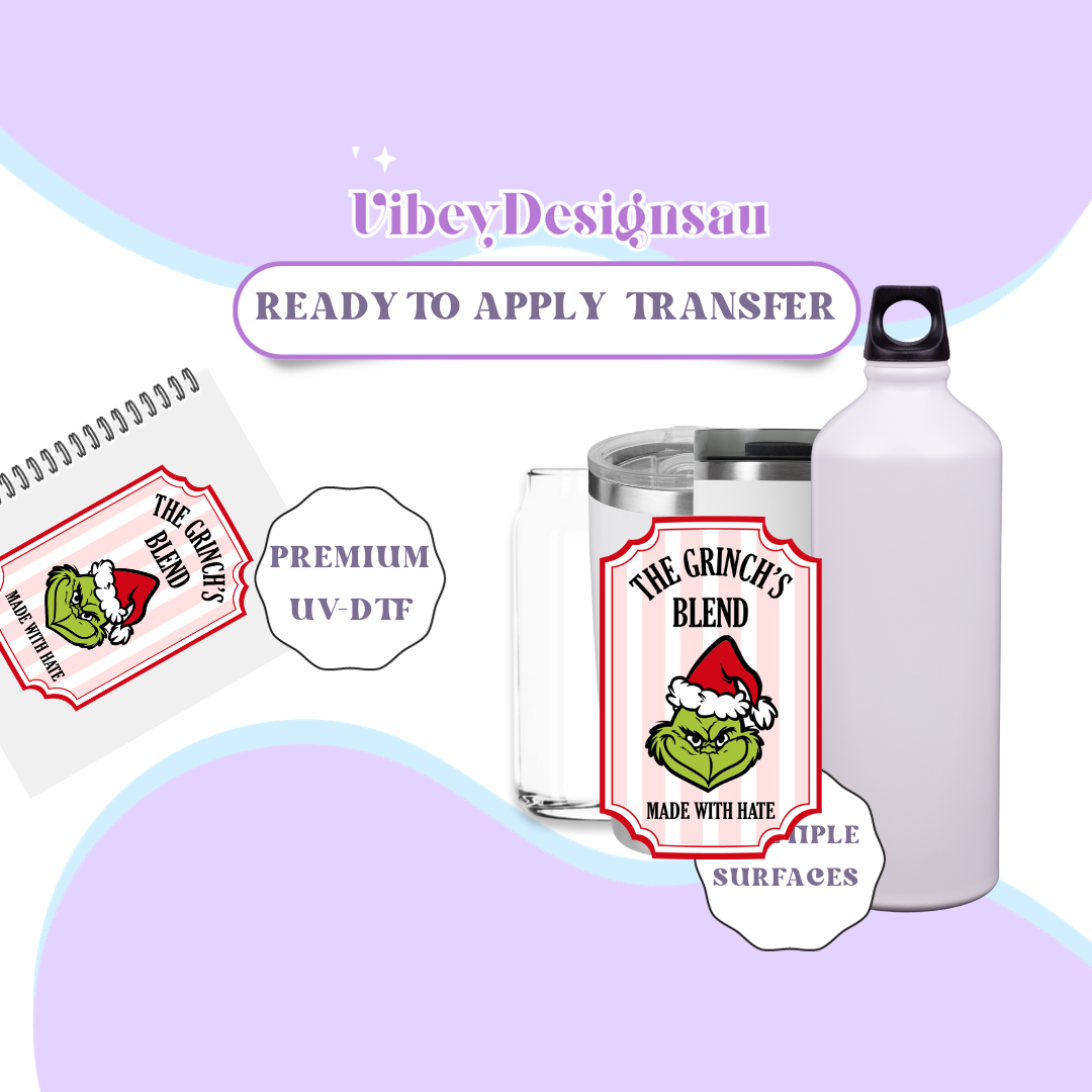 RTS UV-DTF Transfer for Bottle, Glass, Mug, Diary - Grinch Blend Red