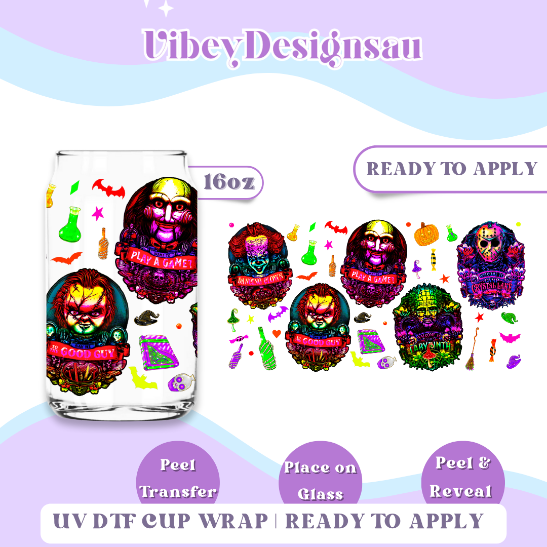 Uv Dtf Wrap For 16oz Libbey Glass - Neon Horror Classics