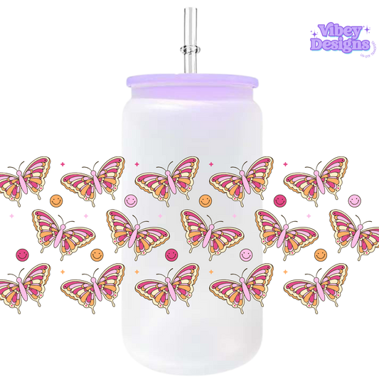 Uv Dtf Wrap For 16oz Libbey Glass - Smiley Butterflies pink