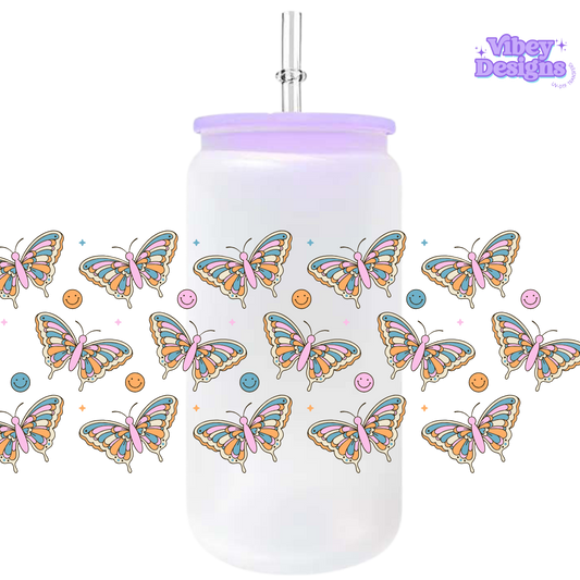 Uv Dtf Wrap For 16oz Libbey Glass - Smiley Butterflies