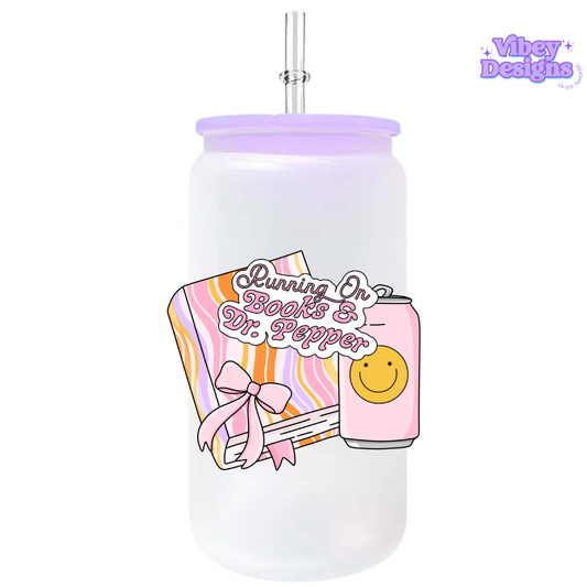 UV-DTF Transfer for Bottle, Glass, Mug, Diary - Running on books and Dr. Pepper