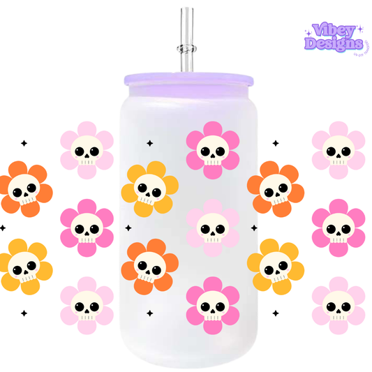 Uv Dtf Wrap For 16oz Libbey Glass - Skull Flowers