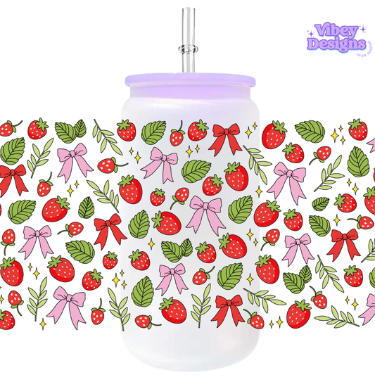 Uv Dtf Wrap For 16oz Libbey Glass - Strawberry & Bows Garden