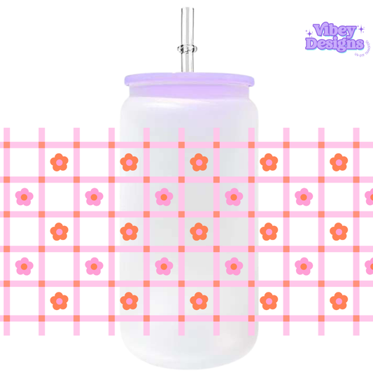 Uv Dtf Wrap For 16oz Libbey Glass - Plaid Daisies Pink