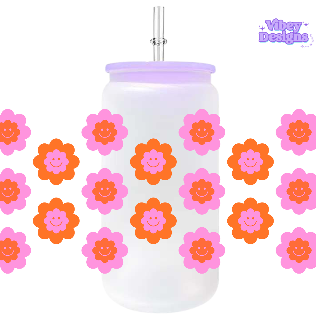 Uv Dtf Wrap For 16oz Libbey Glass - Smiley Flowers Orange