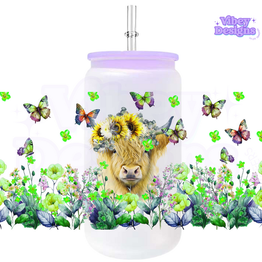 Uv Dtf Wrap For 16oz Libbey Glass - Green Highland Cow