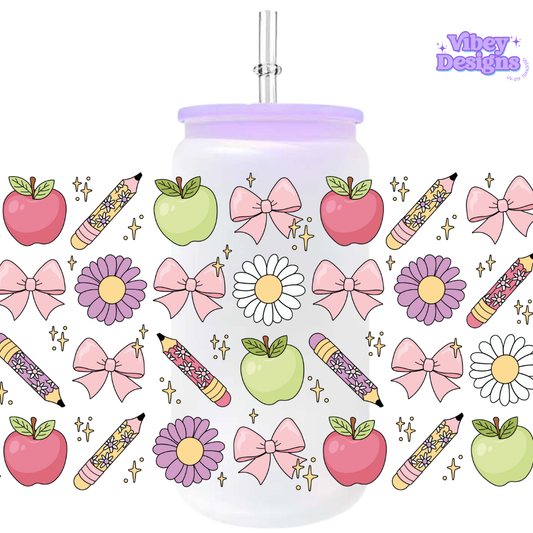 Uv Dtf Wrap For 16oz Libbey Glass - Bows, Apple, Pencils
