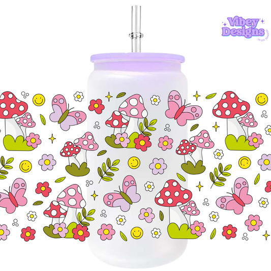 Uv Dtf Wrap For 16oz Libbey Glass - Mushrooms & Butterflies