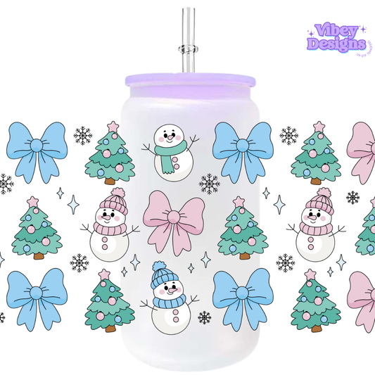 Uv Dtf Wrap For 16oz Libbey Glass - Snowman and Bows
