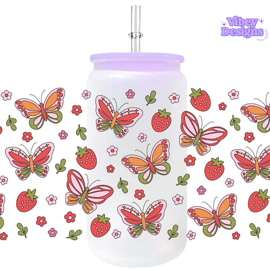 Uv Dtf Wrap For 16oz Libbey Glass - #VAL43 Butterflies and Strawberries