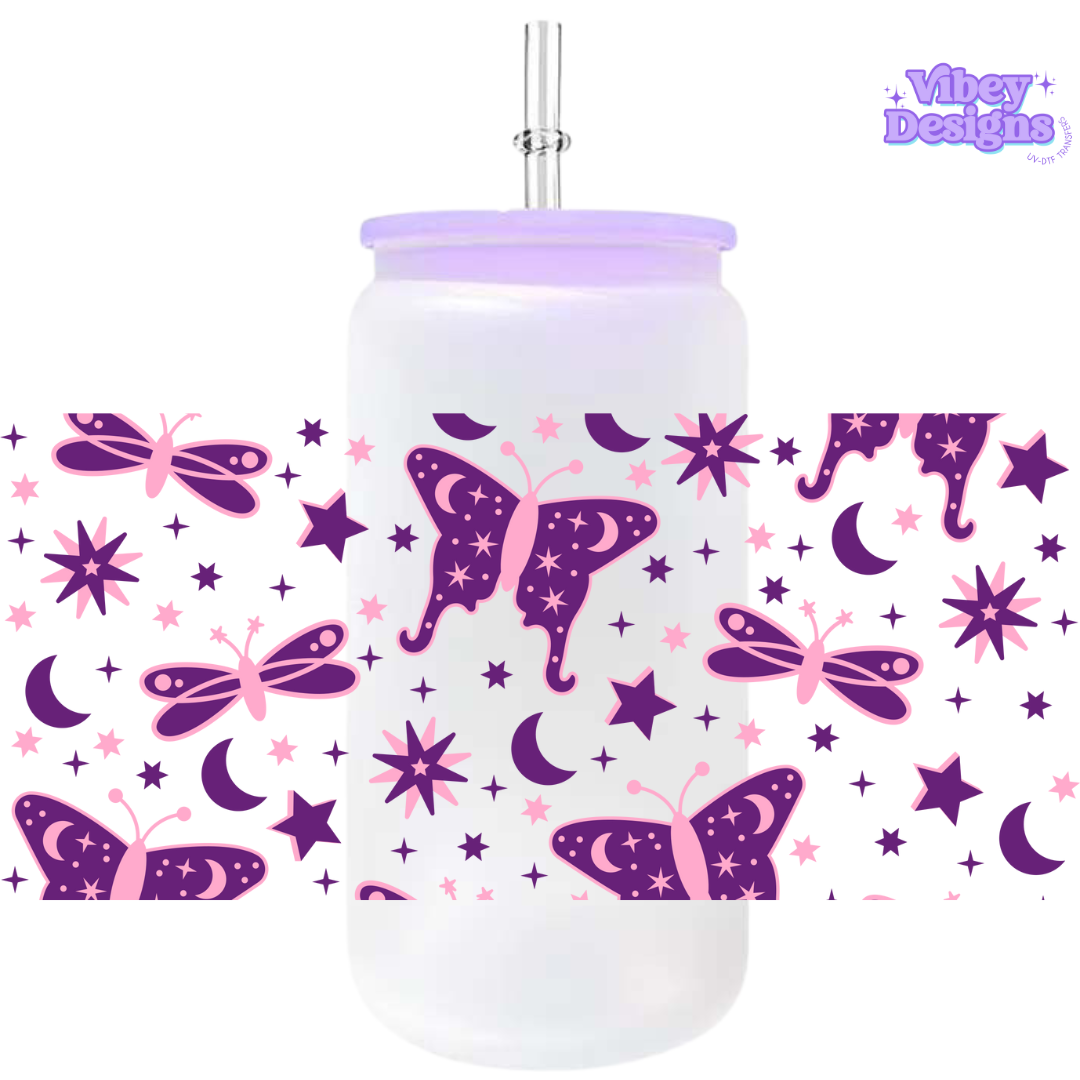 Uv Dtf Wrap For 16oz Libbey Glass - Purple Celestial Butterflies