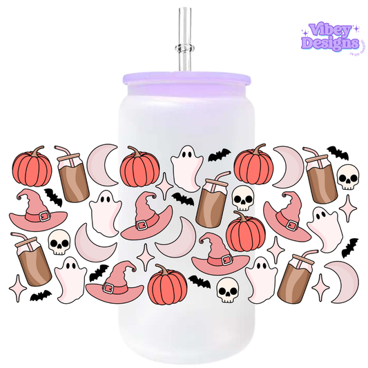 Uv Dtf Wrap For 16oz Libbey Glass - Halloween Coffee (Pink)