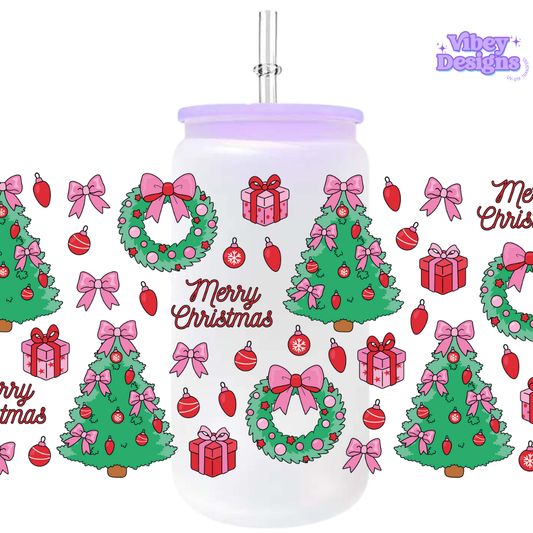 Uv Dtf Wrap For 16oz Libbey Glass - Merry Christmas Pink