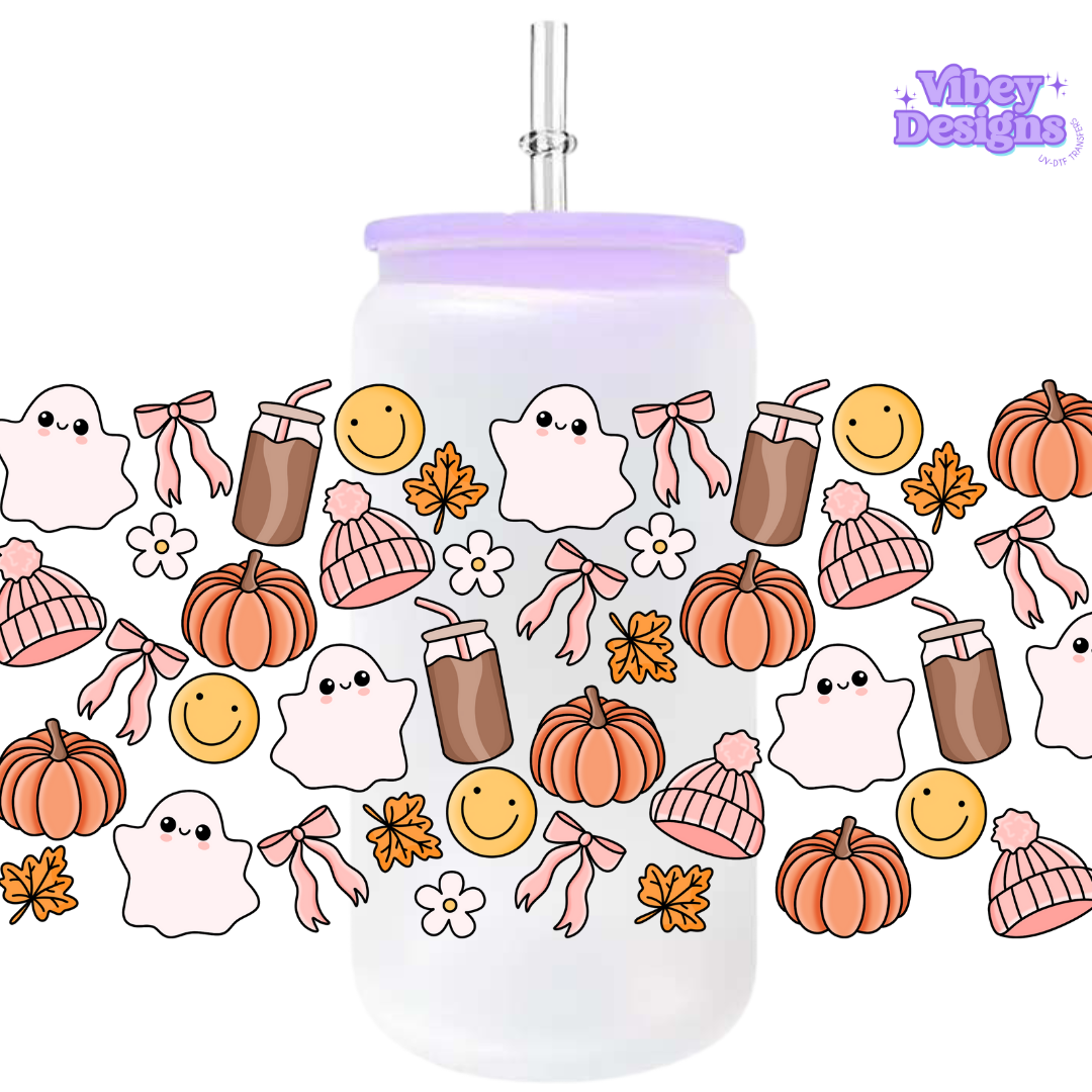 Uv Dtf Wrap For 16oz Libbey Glass - Cute Fall Ghost