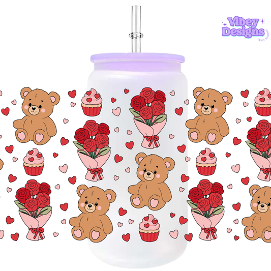 Uv Dtf Wrap For 16oz Libbey Glass - #VAL45 Teddy and Roses