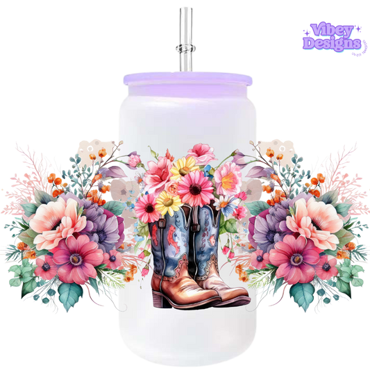 Uv Dtf Wrap For 16oz Libbey Glass - Boots & Flowers