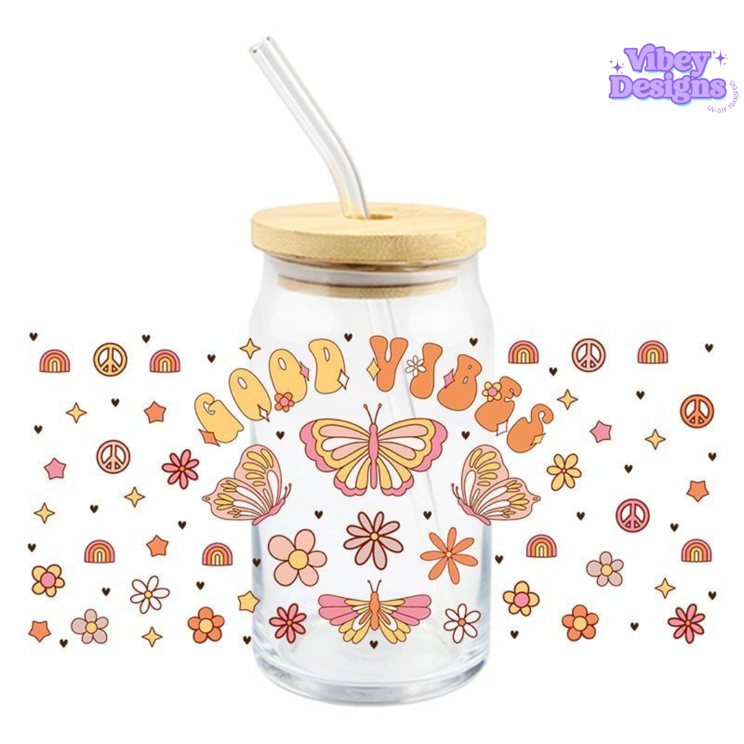 Uv Dtf Wrap For 16oz Libbey Glass - Good Vibes Butterfly