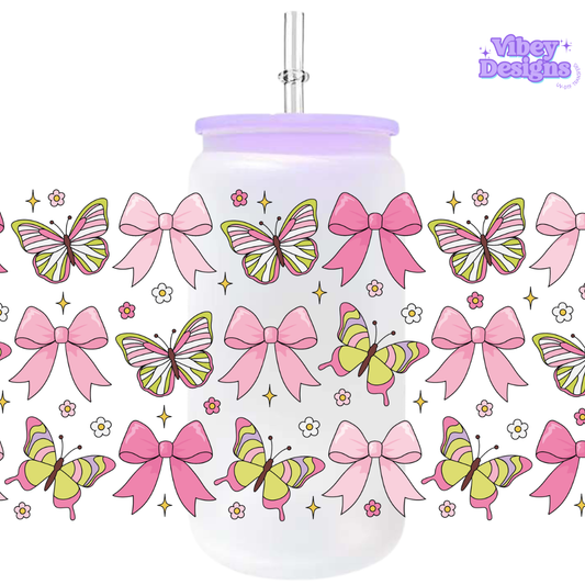 Uv Dtf Wrap For 16oz Libbey Glass - #F193 Butterflies and Bows