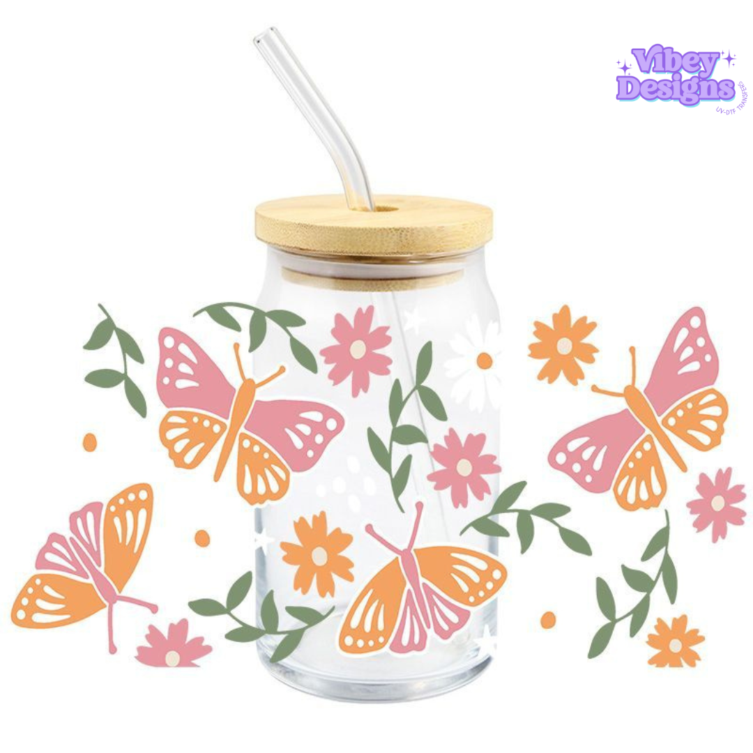 Uv Dtf Wrap For 16oz Libbey Glass - Orange Blossom Butterflies