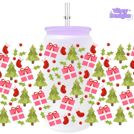 Uv Dtf Wrap For 16oz Libbey Glass - Xmas Tree Presents