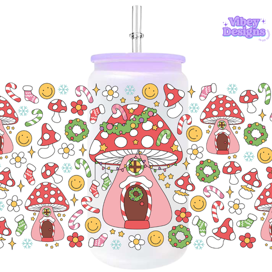 Uv Dtf Wrap For 16oz Libbey Glass - Xmas Mushroom