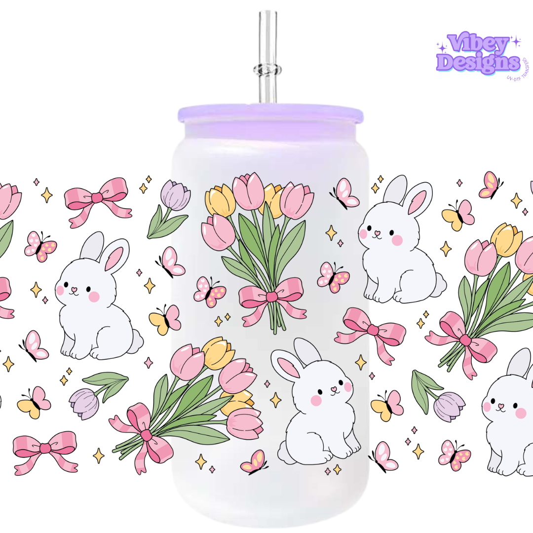Uv Dtf Wrap For 16oz Libbey Glass - #A93 Tulips and Bunnies