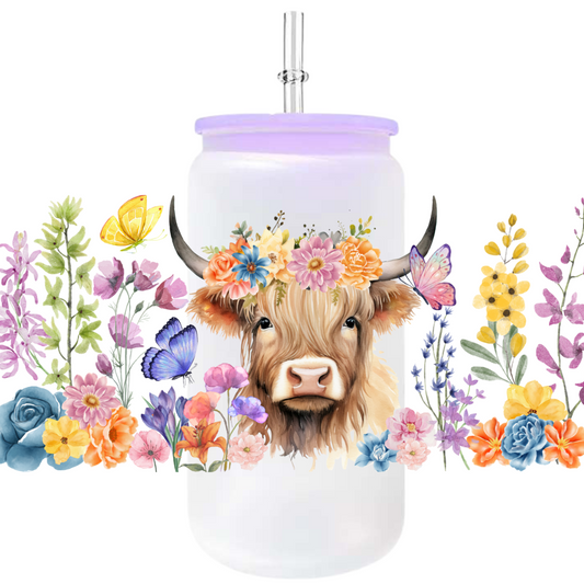 Uv Dtf Wrap For 16oz Libbey Glass - Cow with Flowers