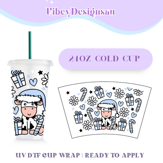 RTS 24oz Cold Cup Uv Dtf Wrap - Cute Festive Cow Blue